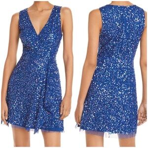 Adrianna Papell Sequin Surplice V-Neck A-Line Cascade Dress Night Flight Blue 12